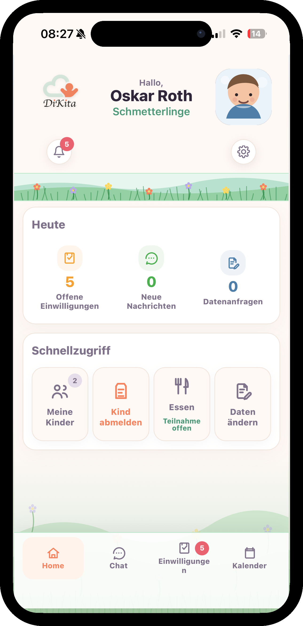 DiKita Eltern-App auf Smartphone – Startbildschirm mit Heute-Übersicht und Schnellzugriff